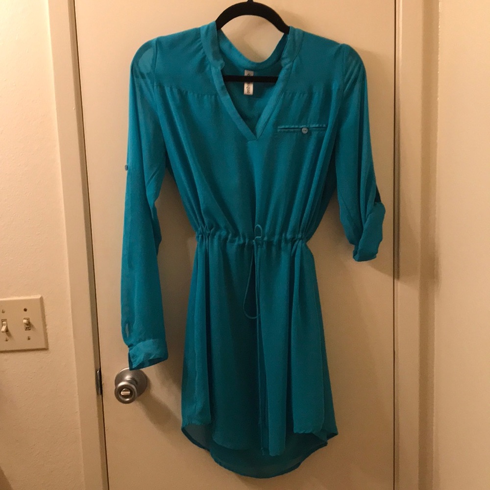 turquoise drawstring chiffon dress